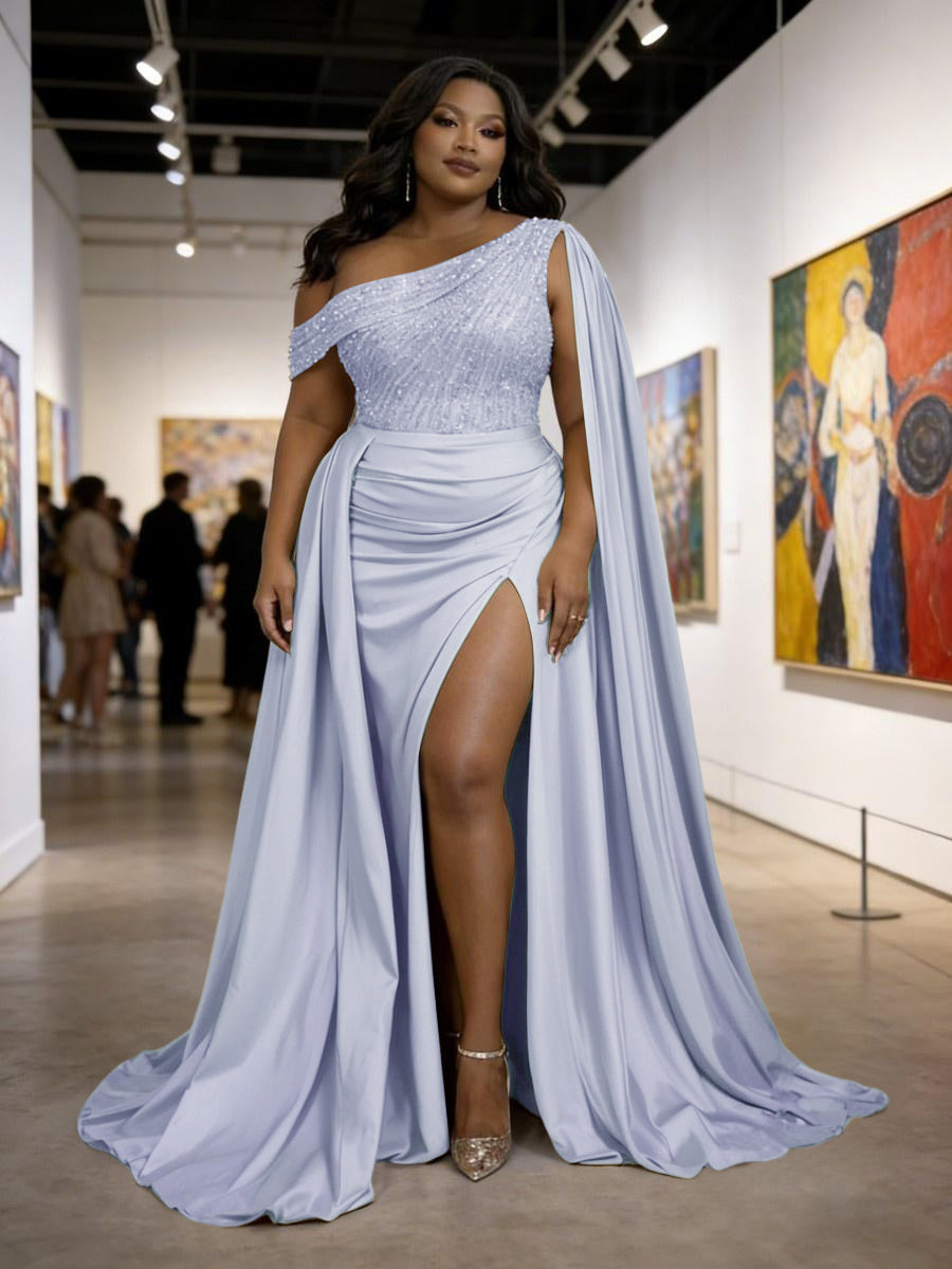 Satin Sheath Off-Shoulder Long Evening Dresses for Plus Size Women with Drape Ruched Prom Gown