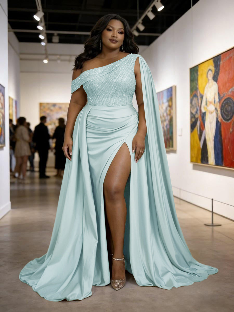 Satin Sheath Off-Shoulder Long Evening Dresses for Plus Size Women with Drape Ruched Prom Gown