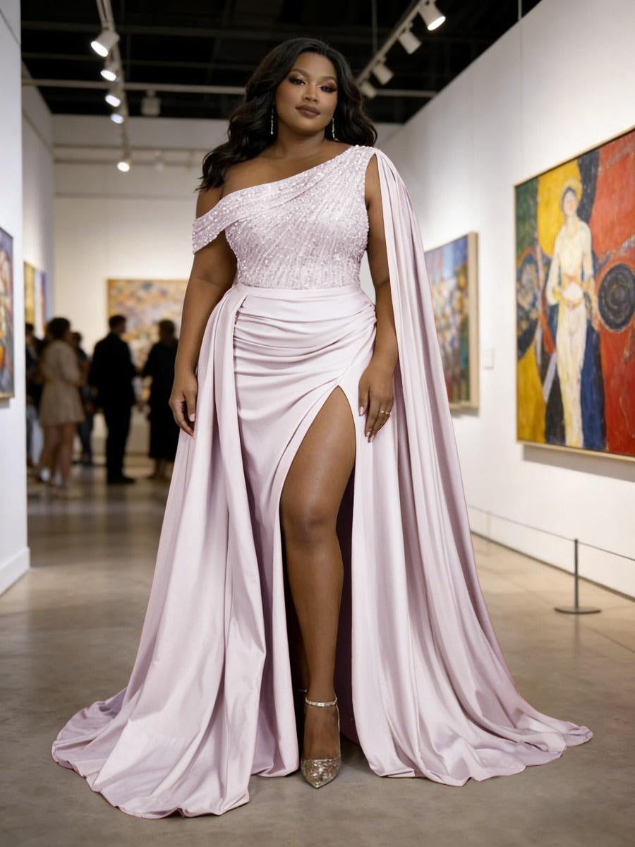 Satin Sheath Off-Shoulder Long Evening Dresses for Plus Size Women with Drape Ruched Prom Gown