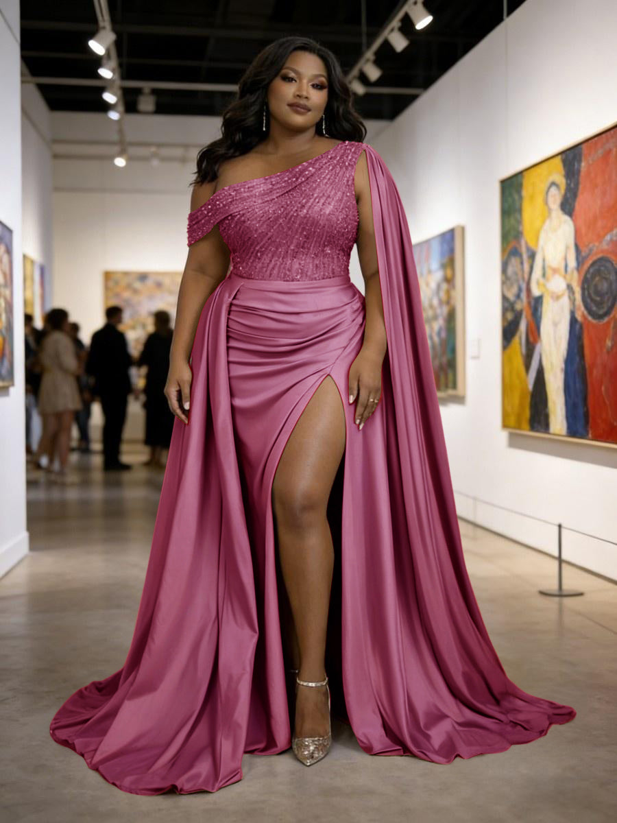 Satin Sheath Off-Shoulder Long Evening Dresses for Plus Size Women with Drape Ruched Prom Gown