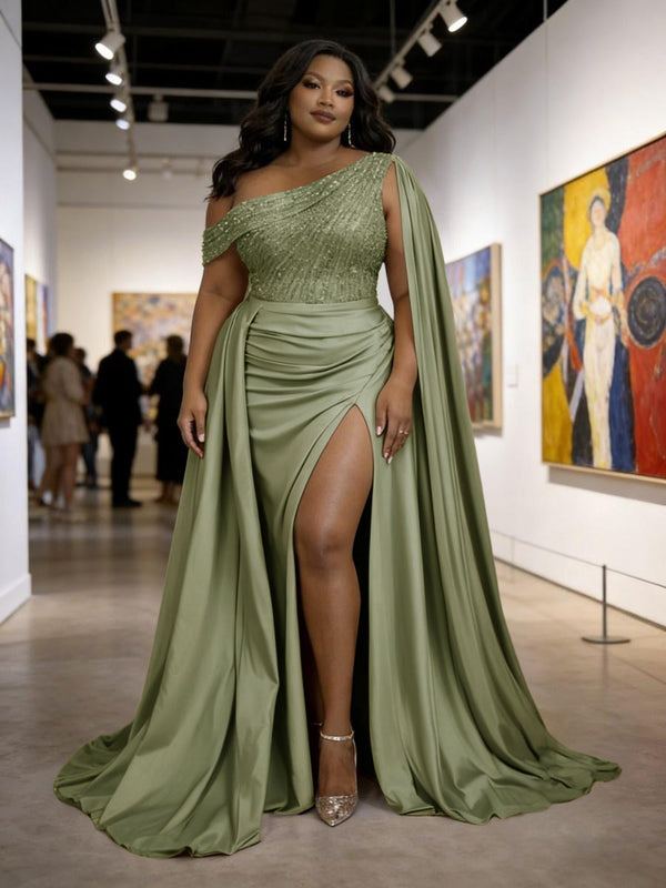 Satin Sheath Off-Shoulder Long Evening Dresses for Plus Size Women with Drape Ruched Prom Gown