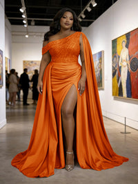 Satin Sheath Off-Shoulder Long Evening Dresses for Plus Size Women with Drape Ruched Prom Gown