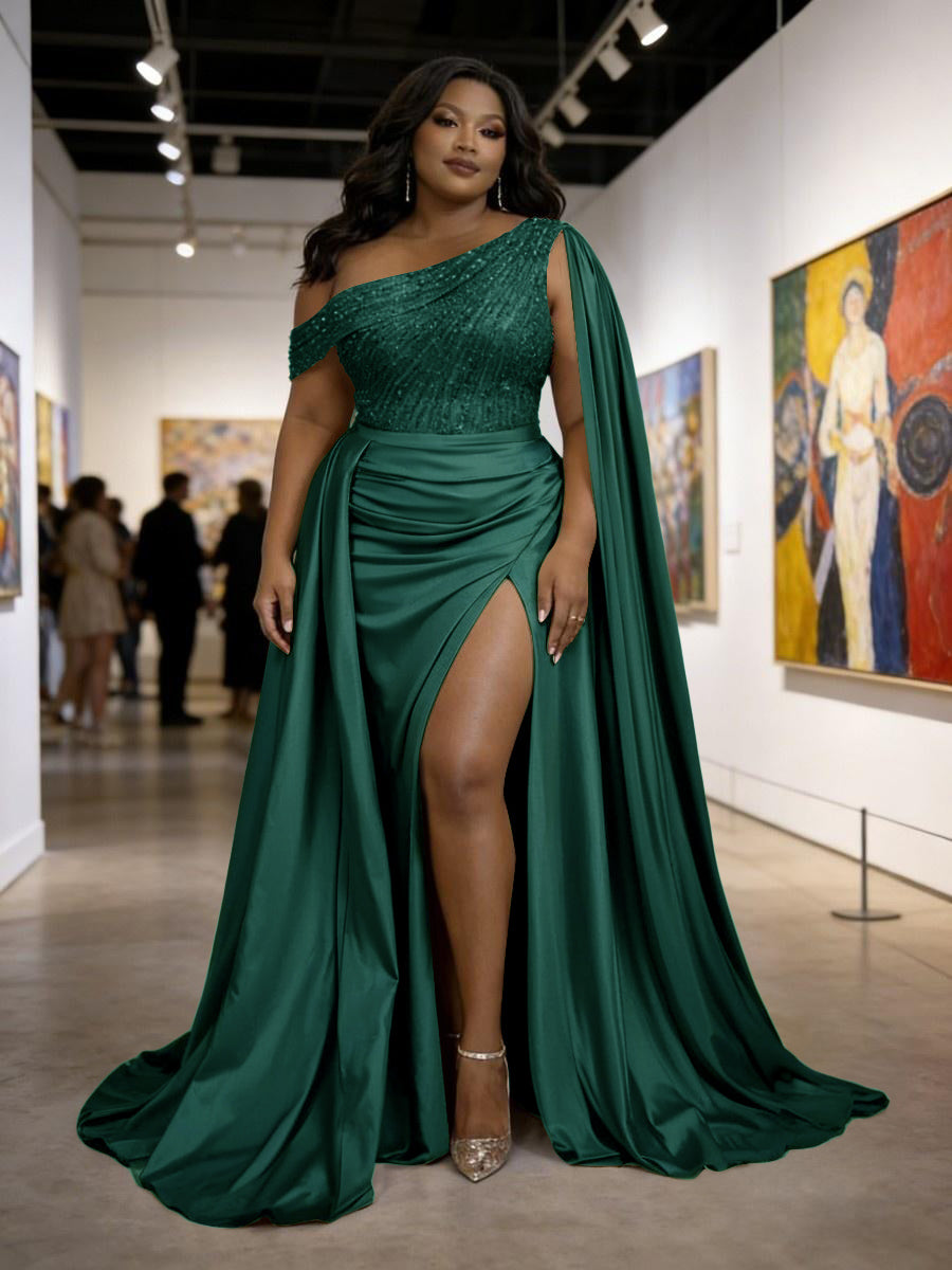 Satin Sheath Off-Shoulder Long Evening Dresses for Plus Size Women with Drape Ruched Prom Gown