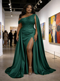 Satin Sheath Off-Shoulder Long Evening Dresses for Plus Size Women with Drape Ruched Prom Gown