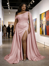 Satin Sheath Off-Shoulder Long Evening Dresses for Plus Size Women with Drape Ruched Prom Gown