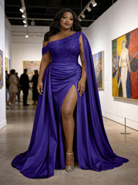 Satin Sheath Off-Shoulder Long Evening Dresses for Plus Size Women with Drape Ruched Prom Gown