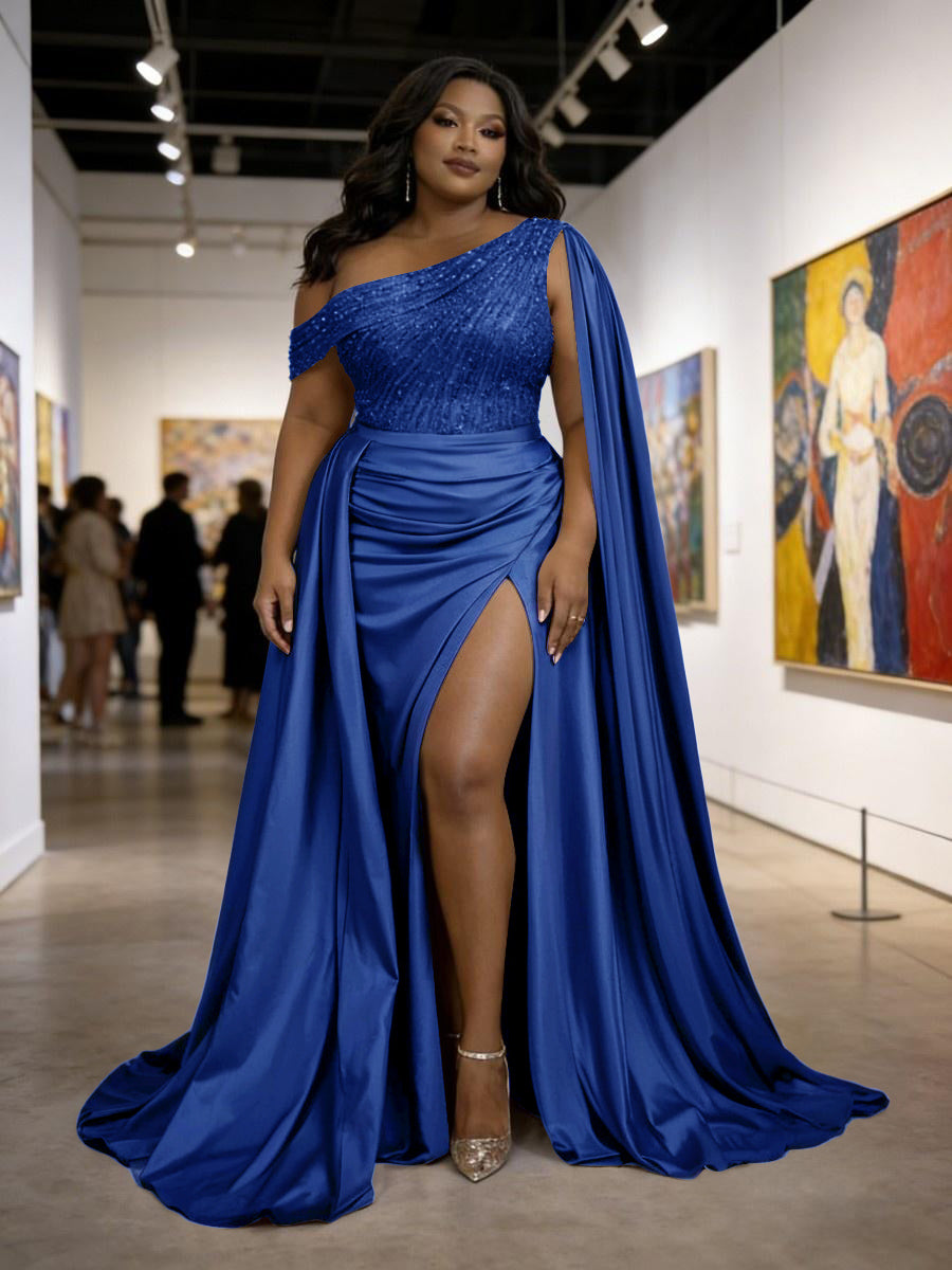 Satin Sheath Off-Shoulder Long Evening Dresses for Plus Size Women with Drape Ruched Prom Gown