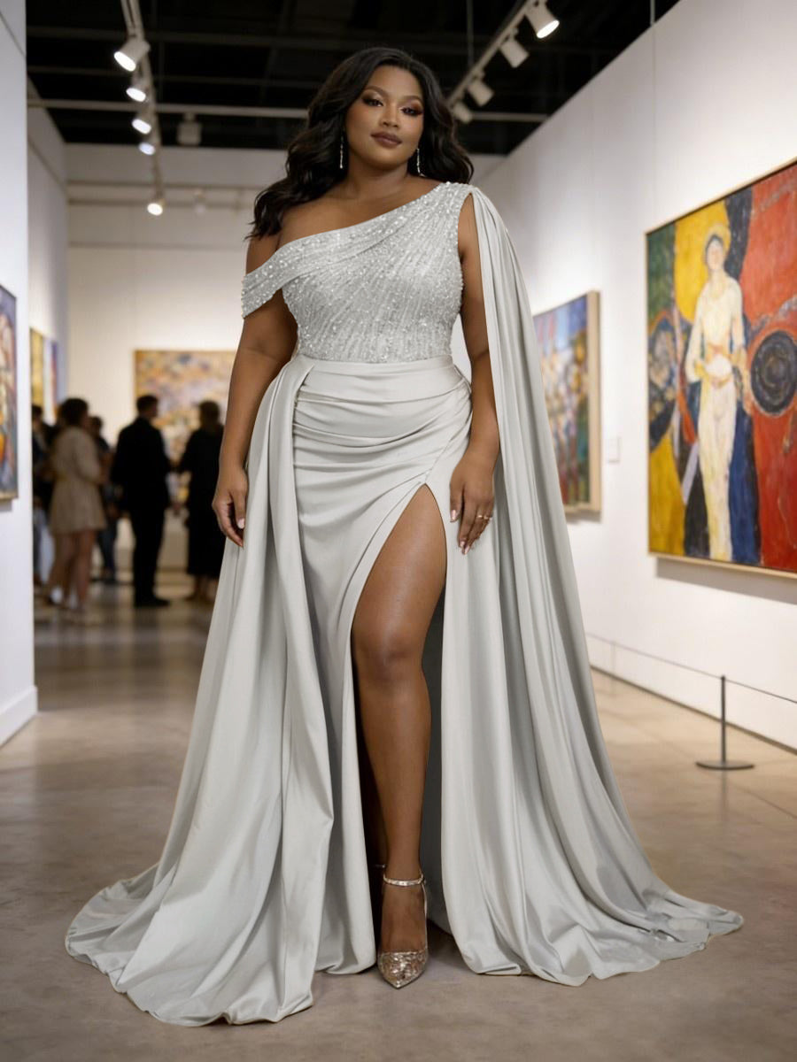 Satin Sheath Off-Shoulder Long Evening Dresses for Plus Size Women with Drape Ruched Prom Gown