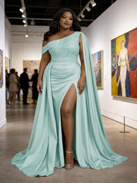 Satin Sheath Off-Shoulder Long Evening Dresses for Plus Size Women with Drape Ruched Prom Gown