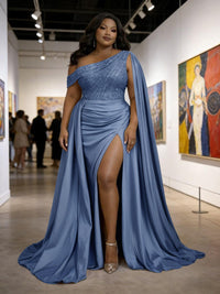 Satin Sheath Off-Shoulder Long Evening Dresses for Plus Size Women with Drape Ruched Prom Gown