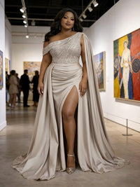 Satin Sheath Off-Shoulder Long Evening Dresses for Plus Size Women with Drape Ruched Prom Gown