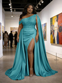 Satin Sheath Off-Shoulder Long Evening Dresses for Plus Size Women with Drape Ruched Prom Gown