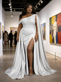 Satin Sheath Off-Shoulder Long Evening Dresses for Plus Size Women with Drape Ruched Prom Gown