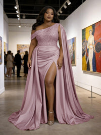 Satin Sheath Off-Shoulder Long Evening Dresses for Plus Size Women with Drape Ruched Prom Gown