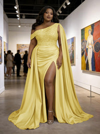 Satin Sheath Off-Shoulder Long Evening Dresses for Plus Size Women with Drape Ruched Prom Gown