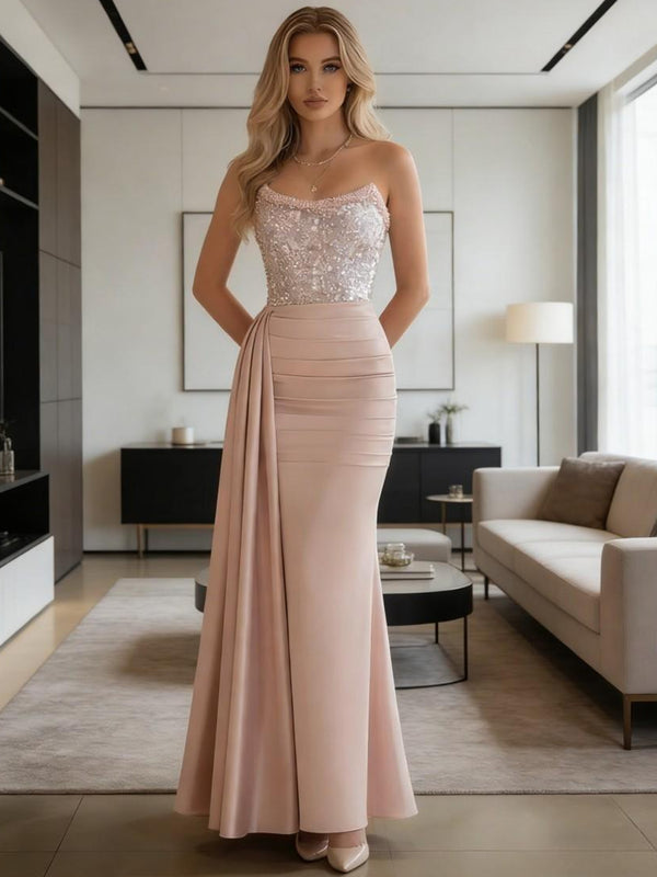 Mermaid Strapless Sparkly Mixed Long Evening Dresses with Trail