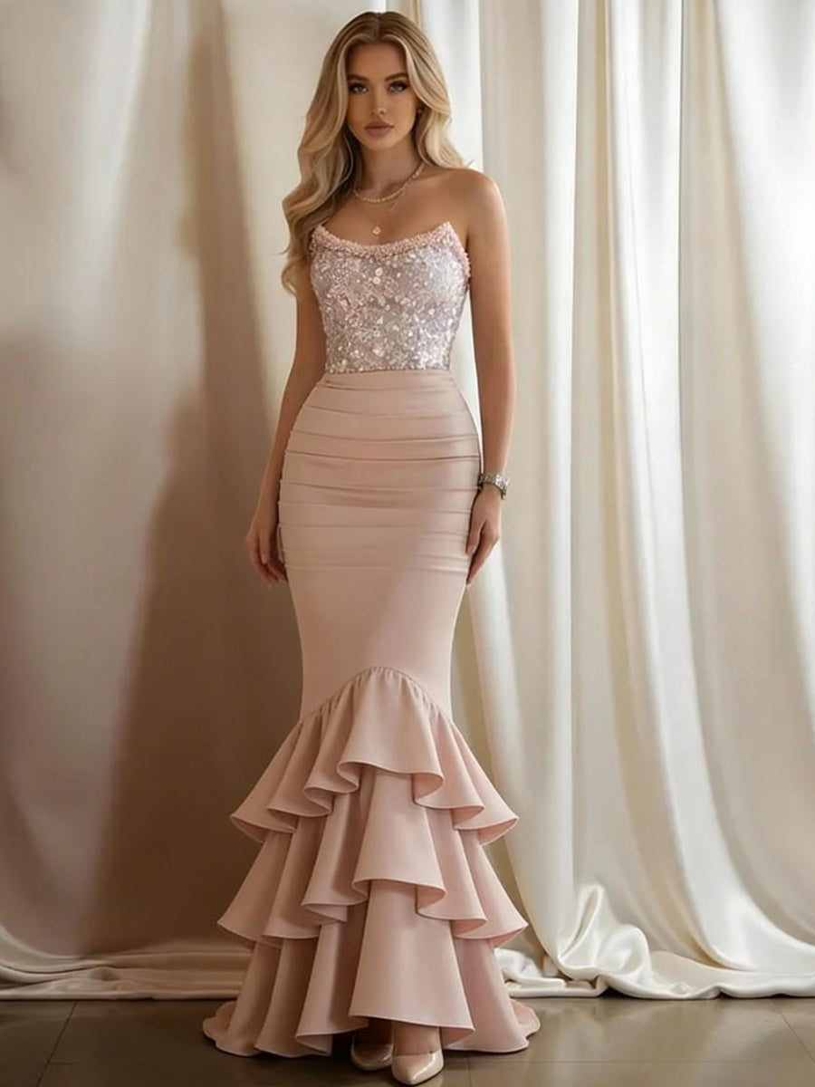 Mermaid Bodycon Strapless Sparkly Mixed Long Evening Dresses with Tiered Ruffle