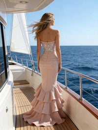 Mermaid Bodycon Strapless Sparkly Mixed Long Evening Dresses with Tiered Ruffle