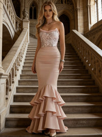 Mermaid Bodycon Strapless Sparkly Mixed Long Evening Dresses with Tiered Ruffle
