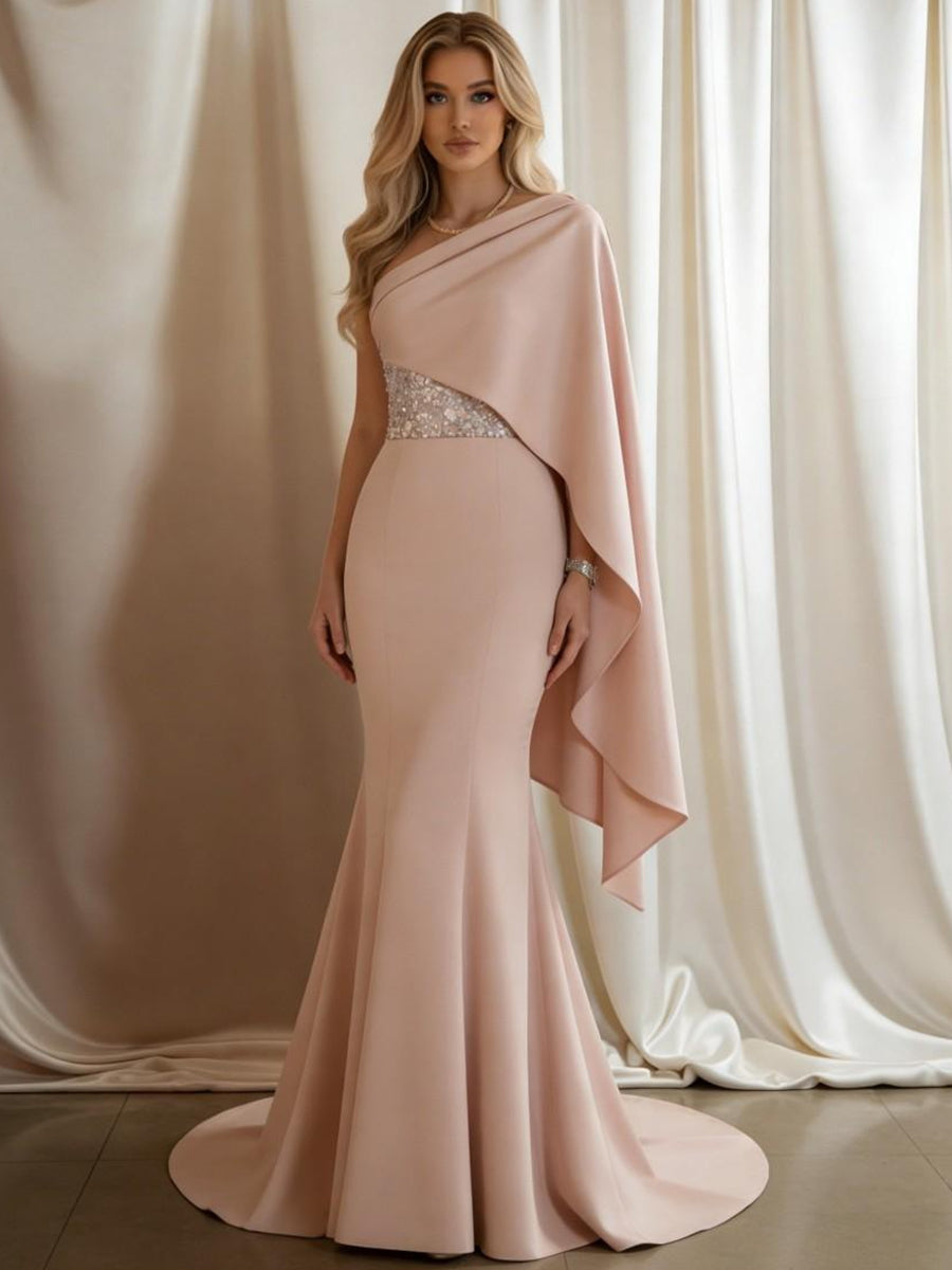 Elegant Mermaid One Shoulder Floor-Length Evening Dresses with Cape