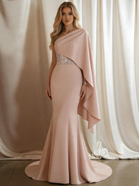 Elegant Mermaid One Shoulder Floor-Length Evening Dresses with Cape