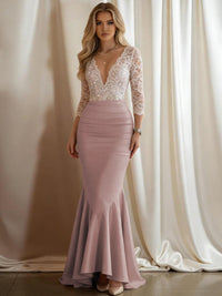 Mermaid V-Neck 3/4 Sleeve Sparkly Mixed Long Evening Dresses with Ruffle