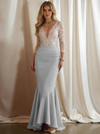 Mermaid V-Neck 3/4 Sleeve Sparkly Mixed Long Evening Dresses with Ruffle