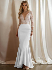 Mermaid V-Neck 3/4 Sleeve Sparkly Mixed Long Evening Dresses with Ruffle