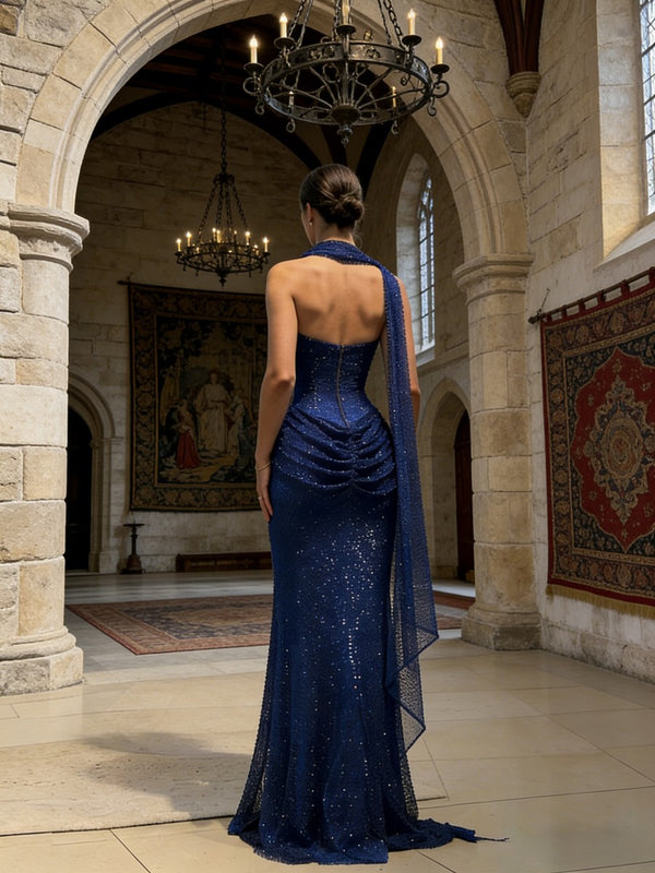 Sheath Strapless Sparkly Sequin Long Evening Dresses Sweetheart Gown with Scarf