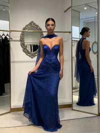 Sheath Strapless Sparkly Sequin Long Evening Dresses Sweetheart Gown with Scarf