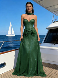 Sheath Strapless Sparkly Sequin Long Evening Dresses Sweetheart Gown with Scarf