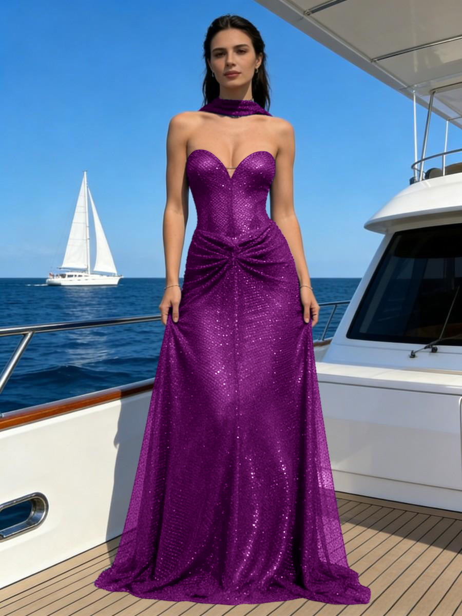 Sheath Strapless Sparkly Sequin Long Evening Dresses Sweetheart Gown with Scarf