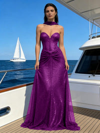 Sheath Strapless Sparkly Sequin Long Evening Dresses Sweetheart Gown with Scarf