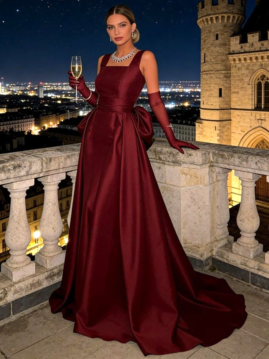 Elegant A-Line Square Neck Satin Long Evening Dresses Strapless Formal Gown with Bow