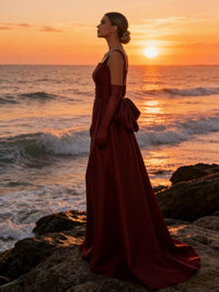 Elegant A-Line Square Neck Satin Long Evening Dresses Strapless Formal Gown with Bow