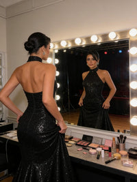 Mermaid Bodycon Halter Sparkly Sequin Floor-Length Evening Dresses