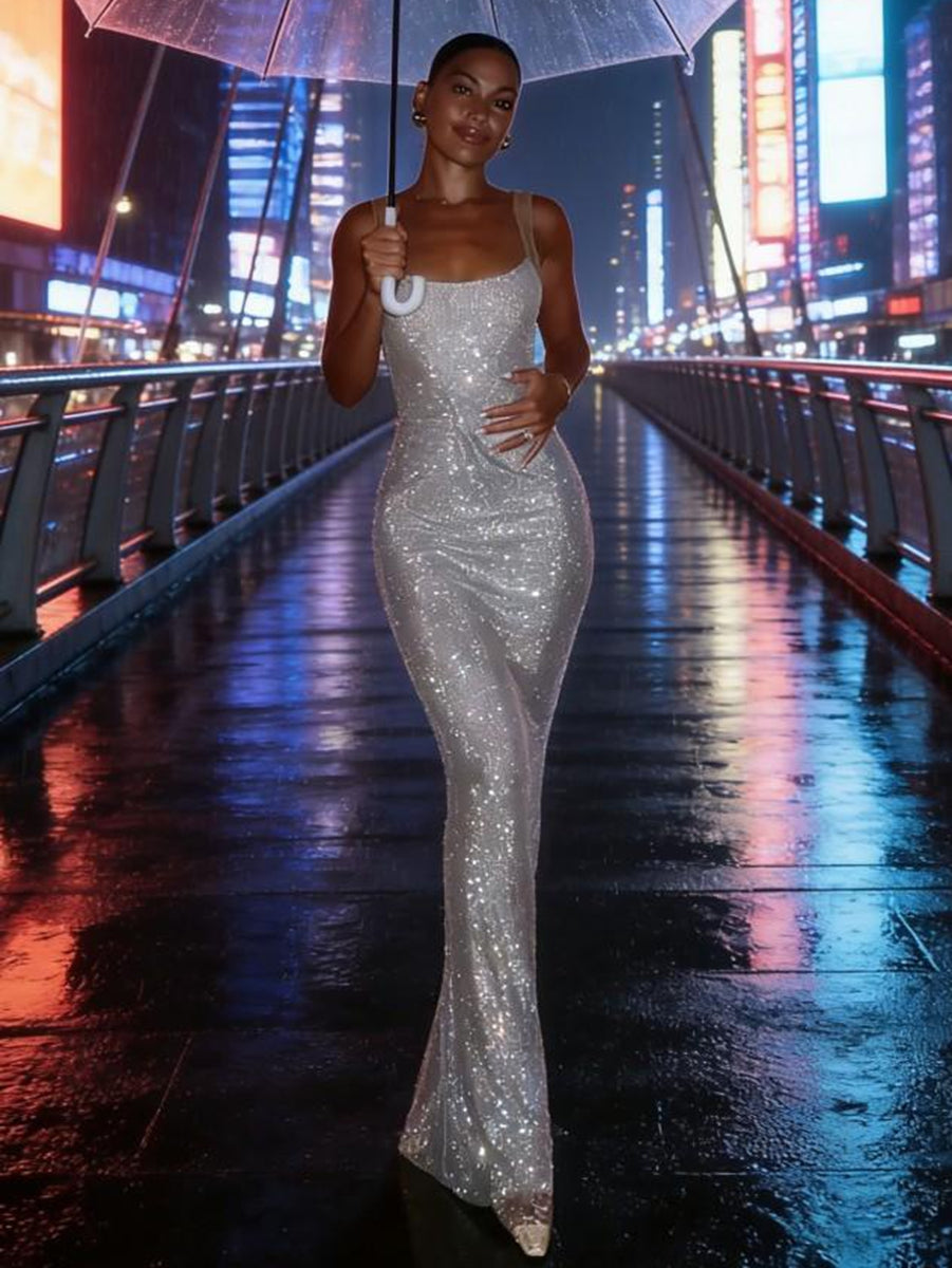 Mermaid Bodycon Illusion Strap Sparkly Sequin Floor-Length Evening Dresses