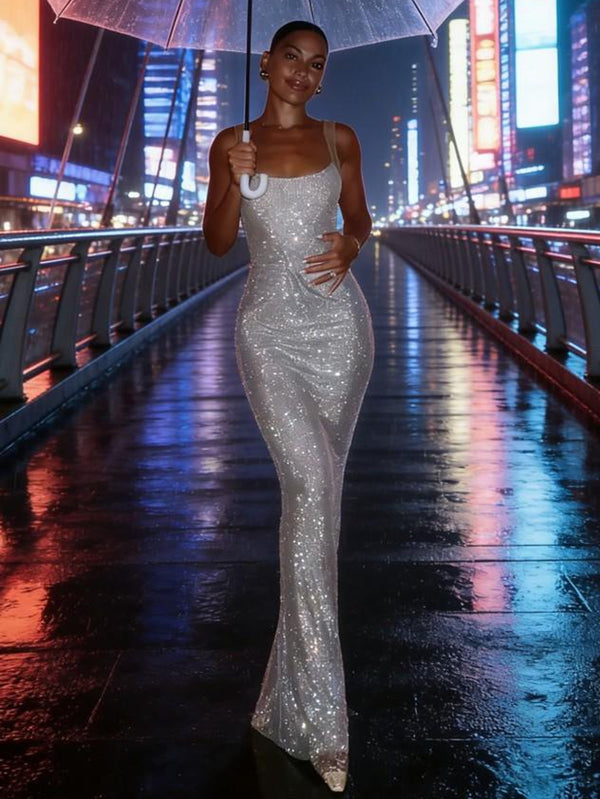 Mermaid Bodycon Illusion Strap Sparkly Sequin Floor-Length Evening Dresses