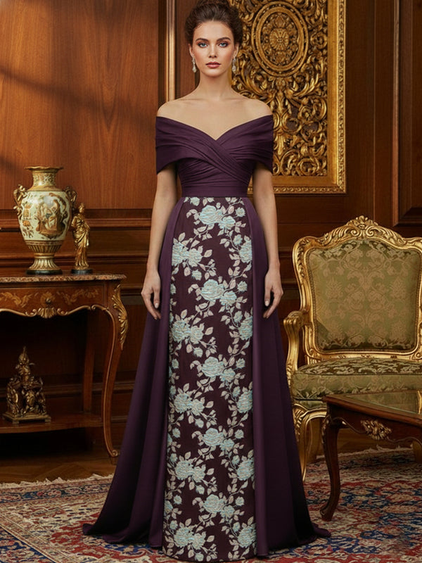 Jacquard Sheath Off-Shoulder Ruched Long Evening Dresses with Train