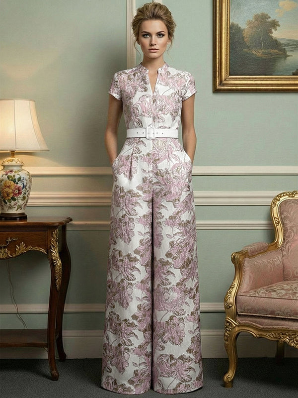 Jacquard Jumpsuits V-Neck Cap Sleeve Long Mother of the Bride Dresses with Belt