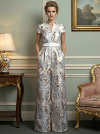 Jacquard Jumpsuits V-Neck Cap Sleeve Long Mother of the Bride Dresses with Belt