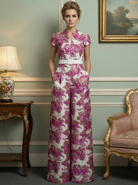 Jacquard Jumpsuits V-Neck Cap Sleeve Long Mother of the Bride Dresses with Belt
