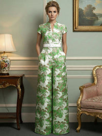 Jacquard Jumpsuits V-Neck Cap Sleeve Long Mother of the Bride Dresses with Belt