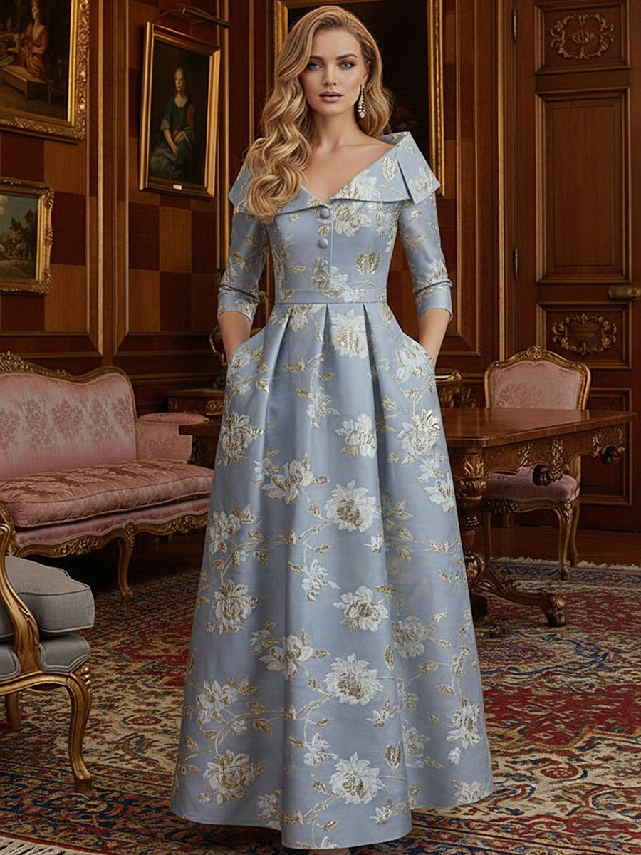 Jacquard A-Line 3/4 Sleeve Long Evening Dresses Shirt Formal Dress