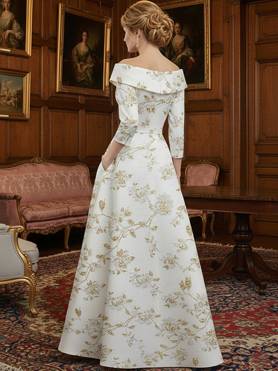 Jacquard A-Line 3/4 Sleeve Long Evening Dresses Shirt Formal Dress