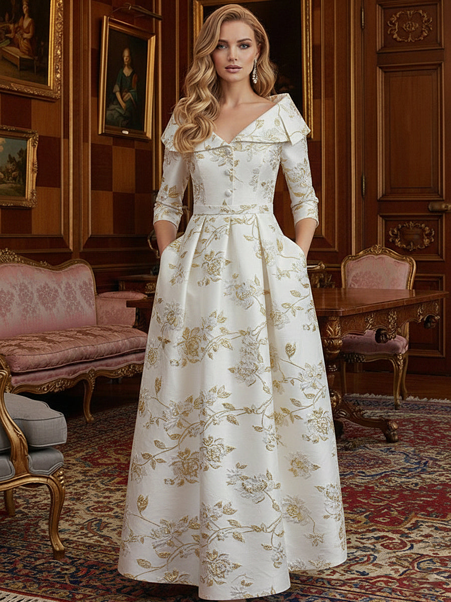 Jacquard A-Line 3/4 Sleeve Long Evening Dresses Shirt Formal Dress