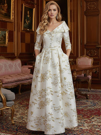 Jacquard A-Line 3/4 Sleeve Long Evening Dresses Shirt Formal Dress