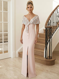 Satin Off Shoulder V-Neck Long Evening Dresses with Jacquard Mother of the Bride Dress