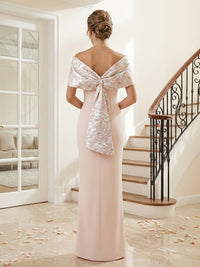Satin Off Shoulder V-Neck Long Evening Dresses with Jacquard Mother of the Bride Dress