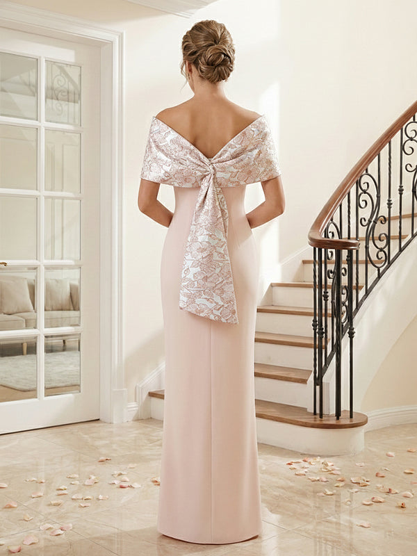 Satin Off Shoulder V-Neck Long Evening Dresses with Jacquard Mother of the Bride Dress